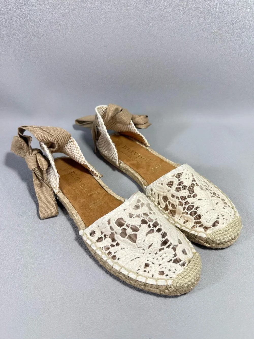 MAYPOL Anthropologie Cream Crochet Lace Ankle Tie Espadrille Flats